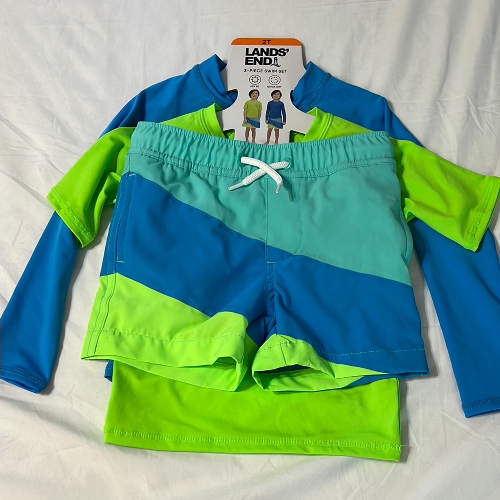 Boys Lands' End Kids Swim Rashguard 3 piece Set - Blue and Green Size 2T NWT